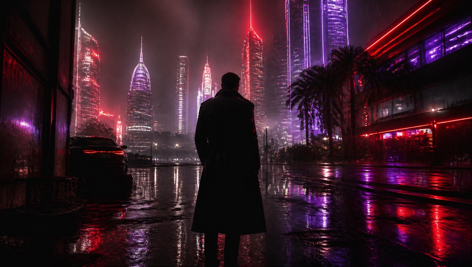 VirtualDillz official trailer poster — a figure in a black overcoat facing a neon skyline